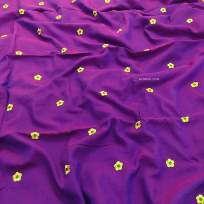 CODE NS03: Purple pure mul cotton saree floral embroidered all over(thin& soft fabric)tassels on pallu plain running