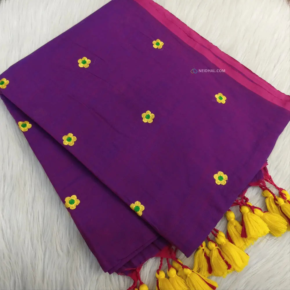 CODE NS03: Purple pure mul cotton saree floral embroidered all over(thin& soft fabric)tassels on pallu plain running