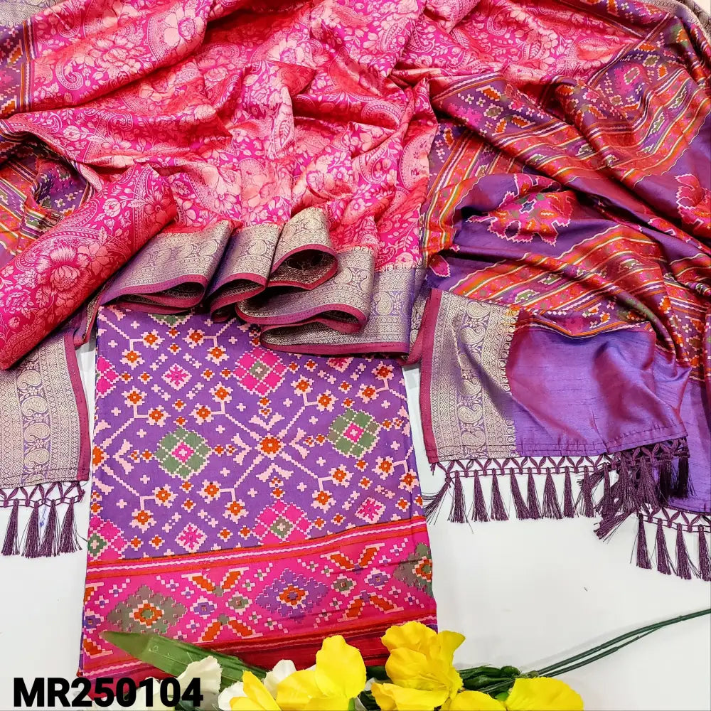 CODE MR250104: Purple patola printed fancy silk cotton unstitched salwar material(thin fabric lining needed)dark pink