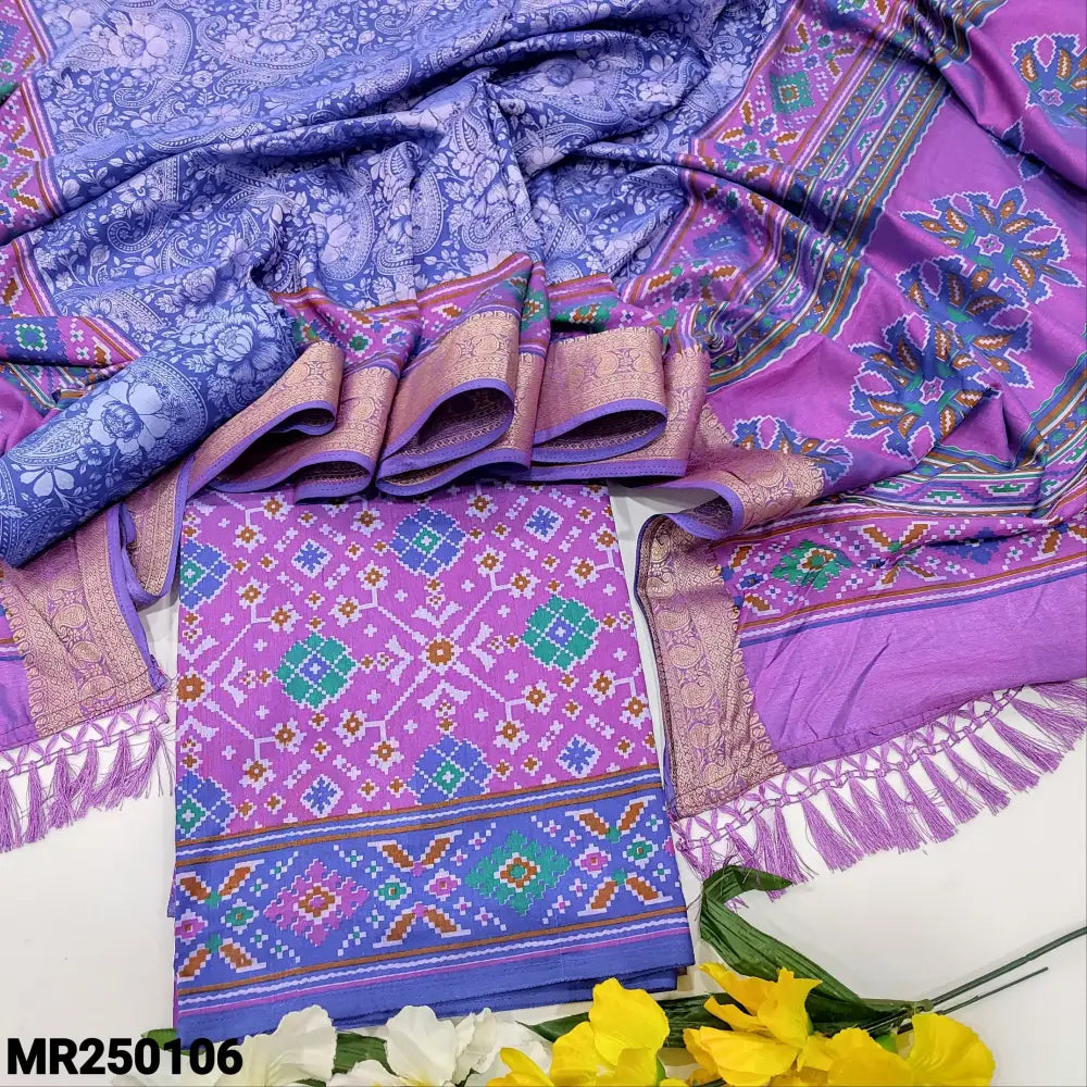 CODE MR250106: Purple patola printed fancy silk cotton unstitched salwar material(thin fabric lining needed)blue