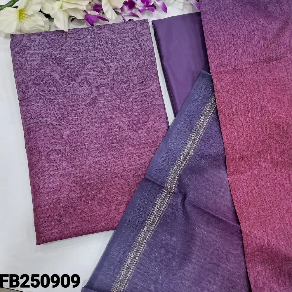 CODE FB250909: Purple& pink digital printed fancy jute silk unstitched salwar material(thin fabric lining needed)purple