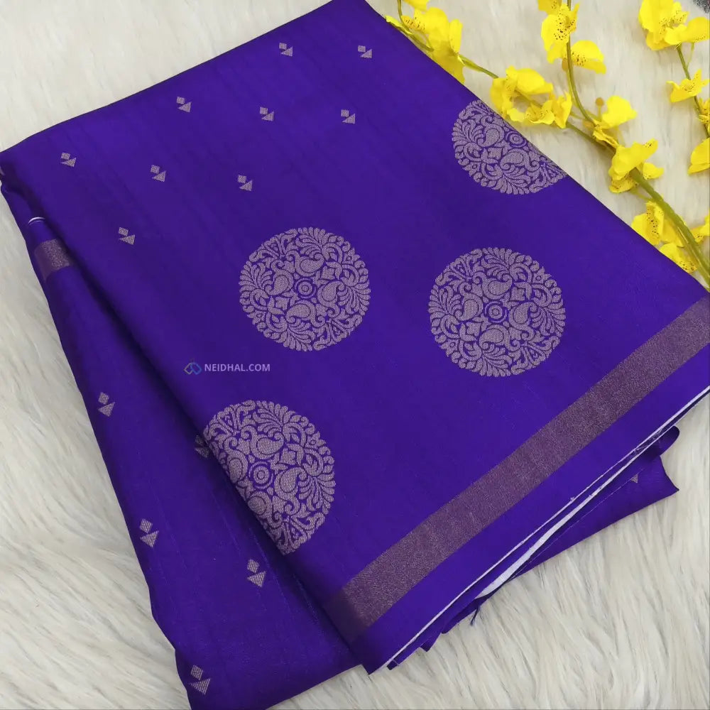 CODE NS09: Purple printed chappa silk saree jakard design all over chakra print with gold tissue borders printed short