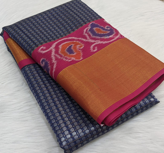 CODE:WS66 Dark blue kuppadam silk cotton saree with contast pink ikat woven, gold kadi border (9 inches),silver zari checks and buttas all-over, rich silver zari pallu  , purplish pink thread woven running blouse with ikat woven and gold zari kadi border