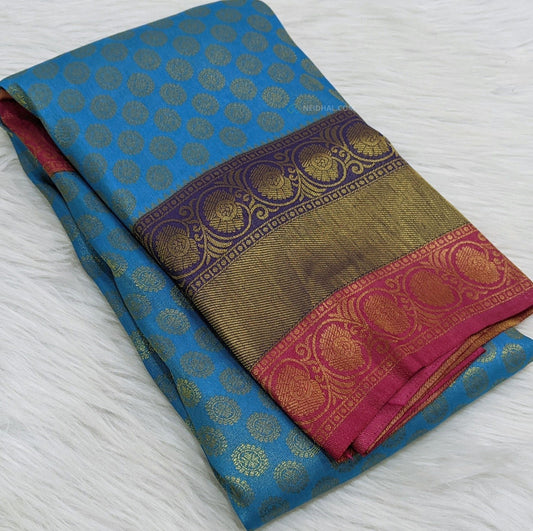 CODE WS99 : Blue soft semi silk saree with antique gold zari buttas all-over,zari woven dual colored border,rich gold zari woven pallu,running pink soft brocade blouse.