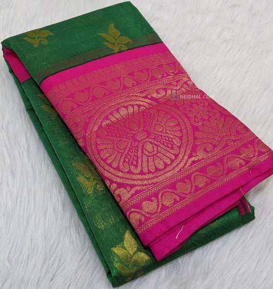 CODE WS214 :Dark Green kuppadam silk cotton saree with antique zari woven big bright pink border, zari  buttas all-over, contrast rich antique gold zari pallu  , Pink silk cotton running blouse