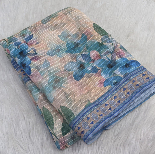 CODE WS719 : Beige and blue base fancy silk cotton saree with beautiful floral digital prints, thin gold zari lines ,thread and sequence detailing all over(thin and light weight)  short printed pallu and running printed blouse.