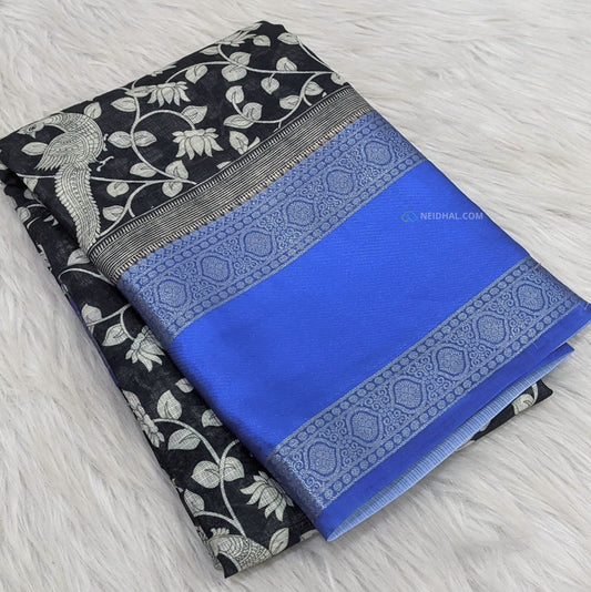 CODE WS856 :  Black base kalamkari printed pure kotas silk saree with contrast ink blue gap borders (lightweight), peacock printed pallu with tassels, contrast running digital printed blouse.