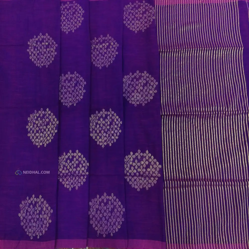CODE NS07: Rani pink designer pure linen saree hand woven design all over heavy zari lines on pallu plain running