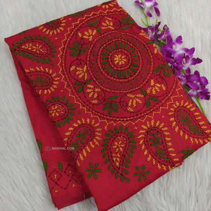 Reddish Maroon Assam Silk Cotton Saree - Hand Embroidered | Neidhal