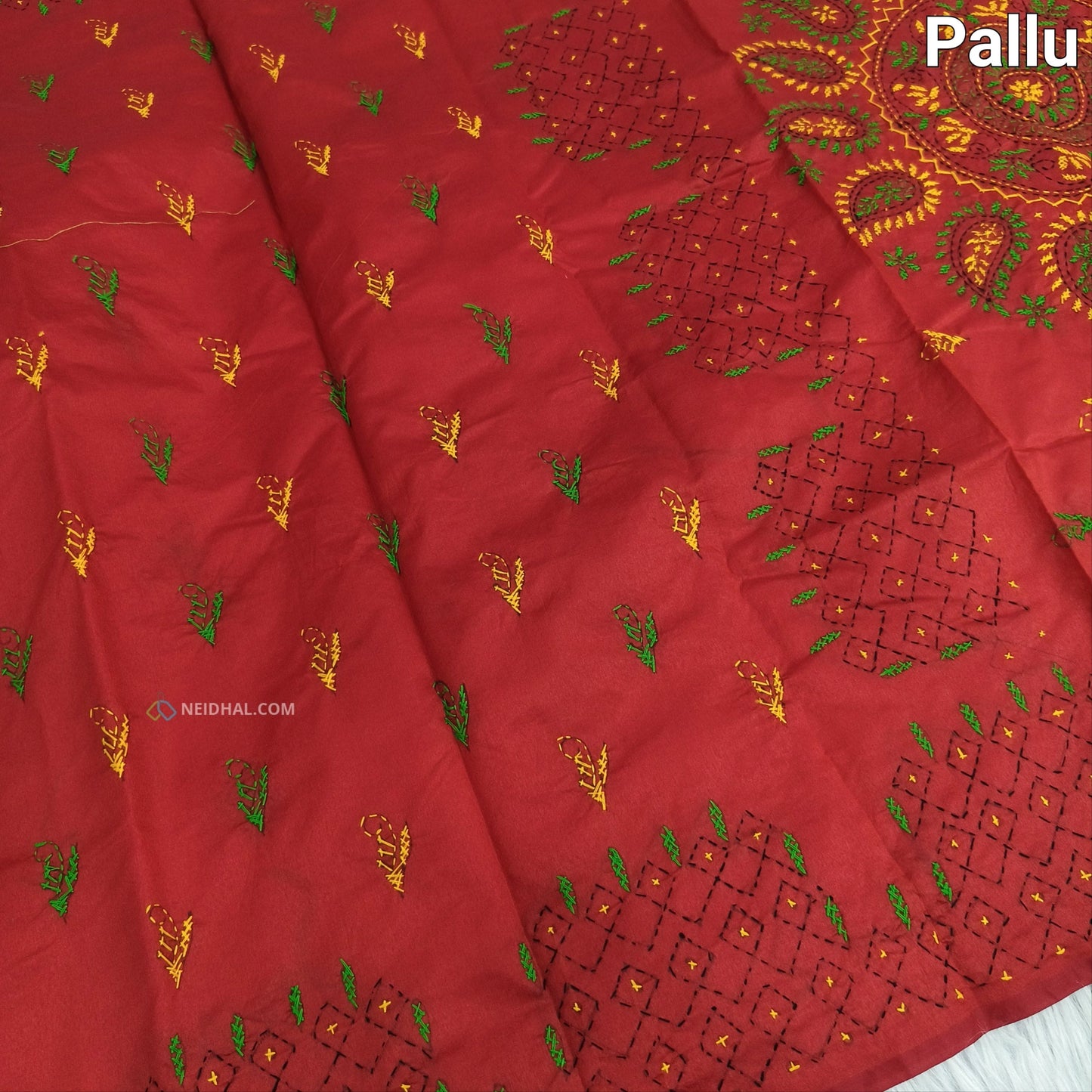 Reddish Maroon Assam Silk Cotton Saree - Hand Embroidered | Neidhal