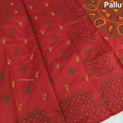 Reddish Maroon Assam Silk Cotton Saree - Hand Embroidered | Neidhal