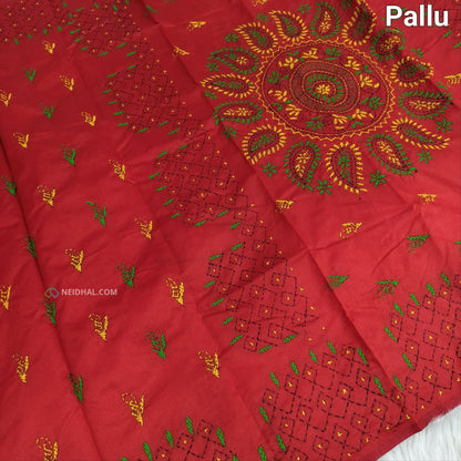 Reddish Maroon Assam Silk Cotton Saree - Hand Embroidered | Neidhal