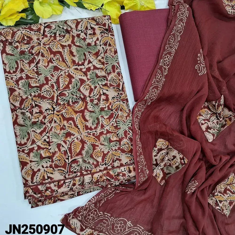 Reddish maroon kalamkari block printed pure cotton salwar material jn250907-Neidhal