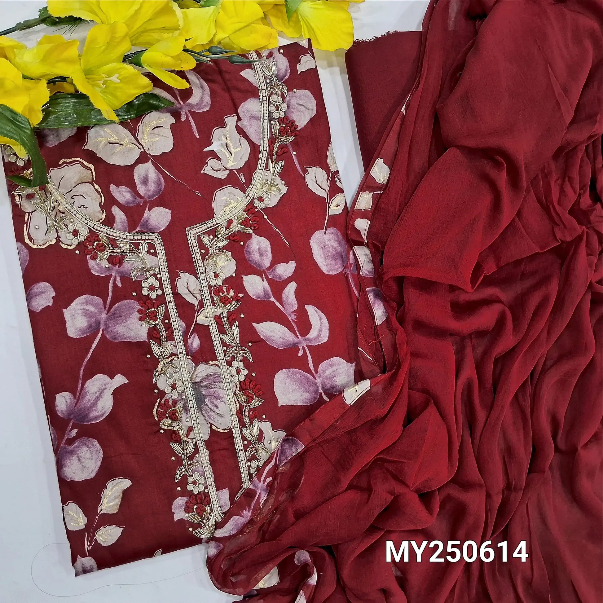 Reddish maroon leafy printed jam cotton salwar material my250614-Neidhal