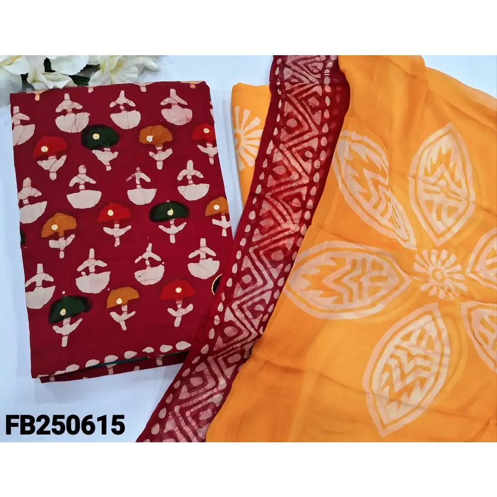CODE FB250615: Reddish maroon original wax batik dyed premium cotton unstitched salwar material thread& faux mirror