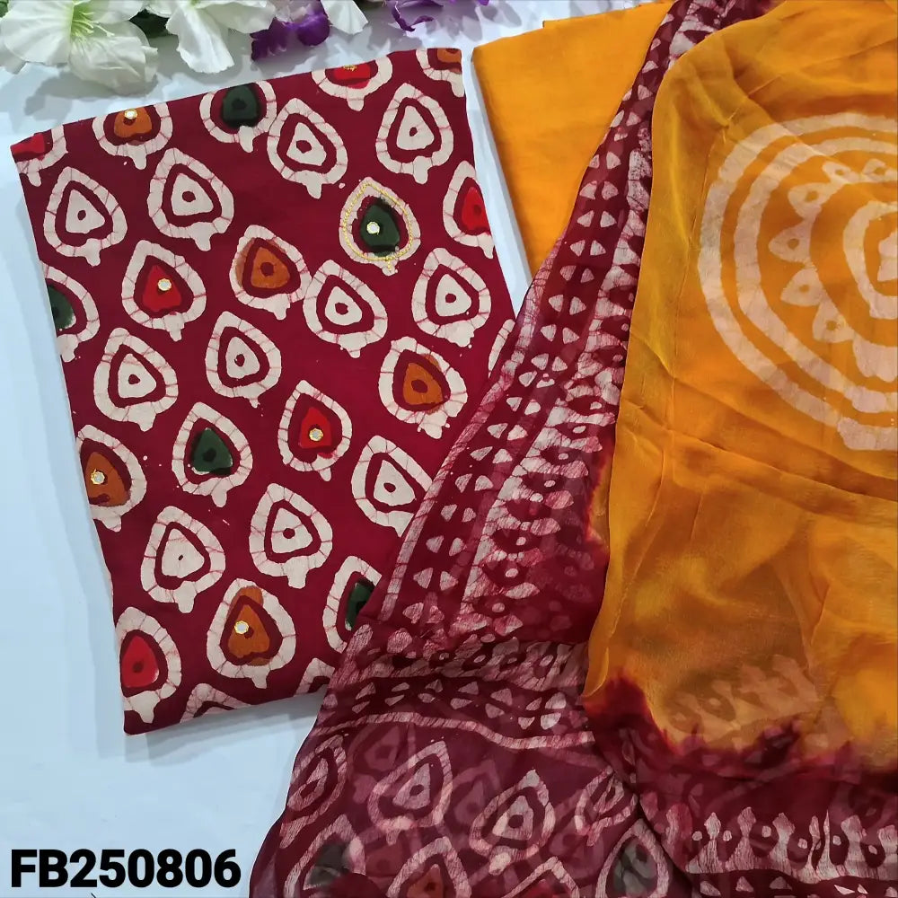 CODE FB250806: Reddish maroon original wax batik dyed pure cotton unstitched salwar material thread& faux mirror work