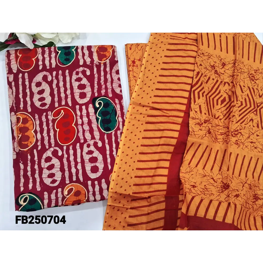 CODE FB250704: Reddish maroon original wax batik dyed pure cotton unstitched salwar material(lining needed)mango yellow