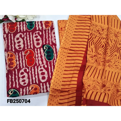 CODE FB250704: Reddish maroon original wax batik dyed pure cotton unstitched salwar material(lining needed)mango yellow