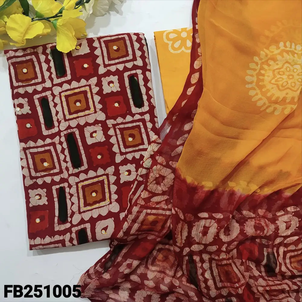 CODE FB251005: Reddish maroon original wax batik dyed premium soft cotton unstitched salwar material thread& faux