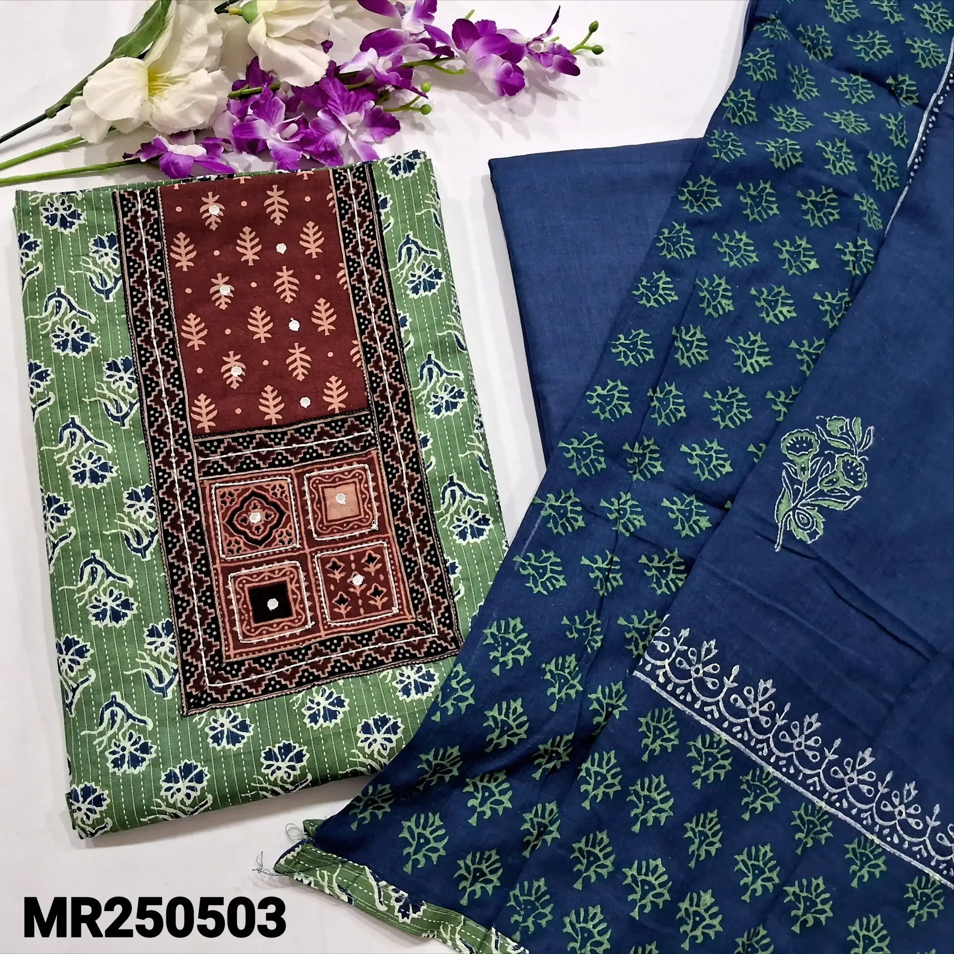 Sage green block printed kantha cotton salwar material mr250503-Neidhal