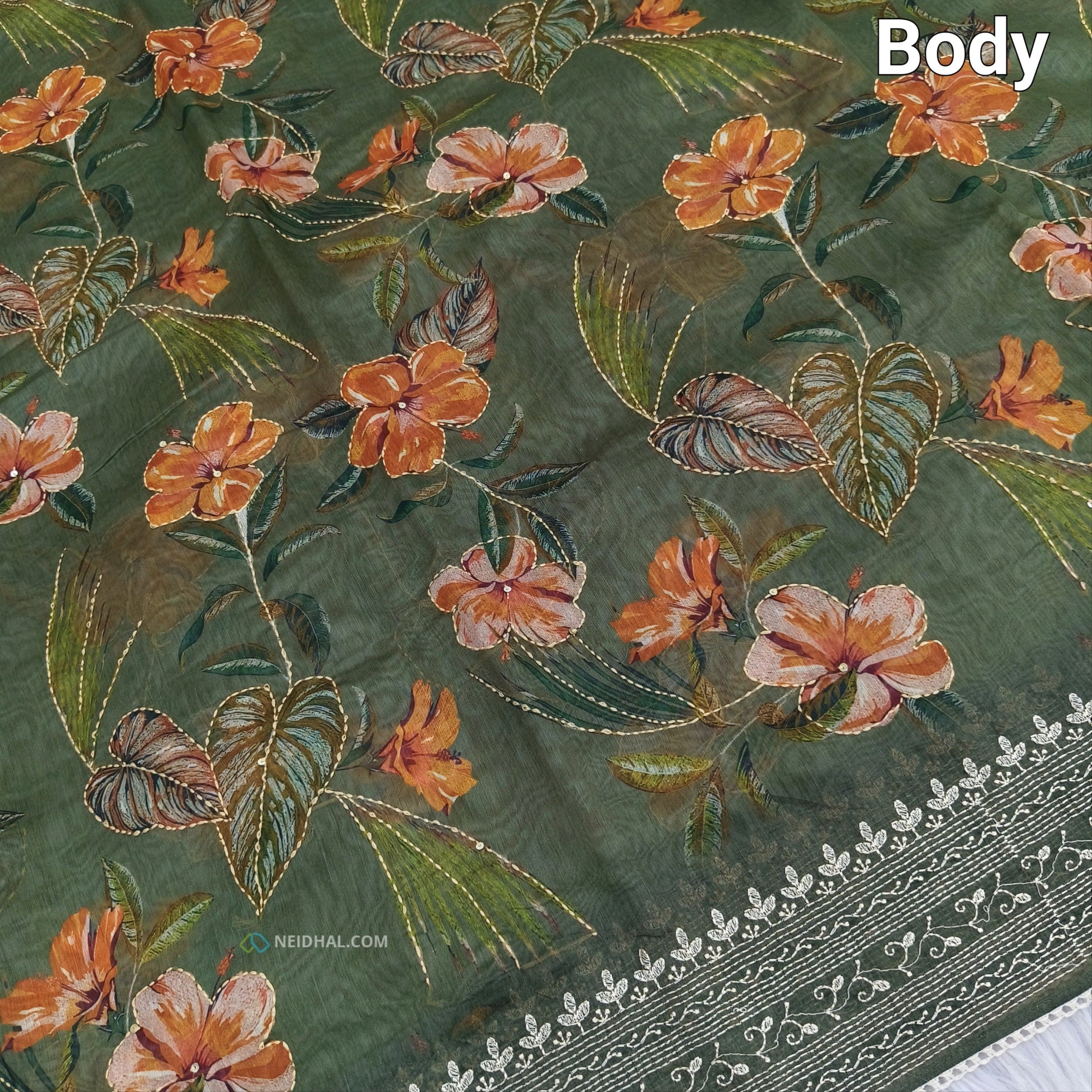 Sage green designer digital printed soft silk cotton saree ns53-Neidhal