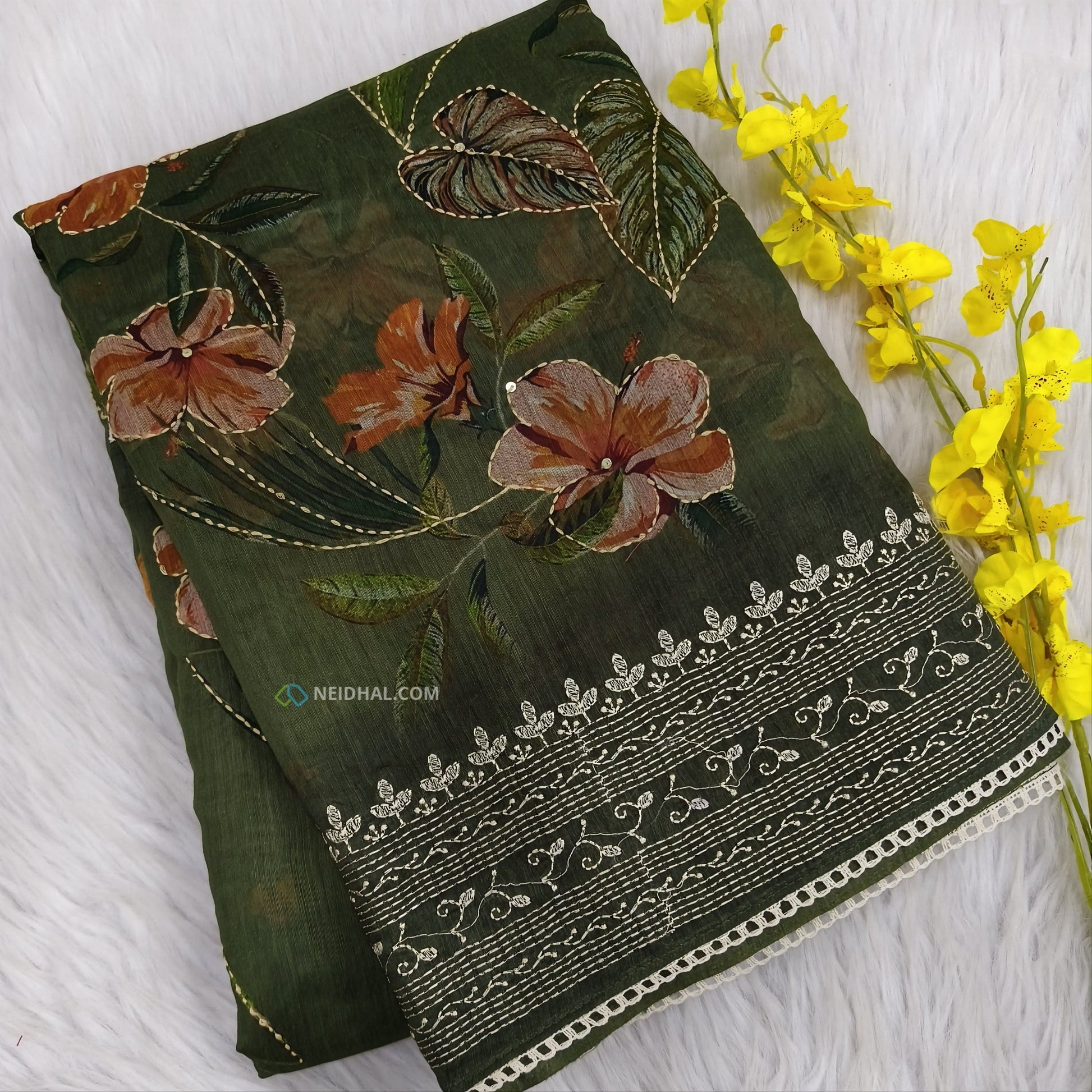 Sage green designer digital printed soft silk cotton saree ns53-Neidhal