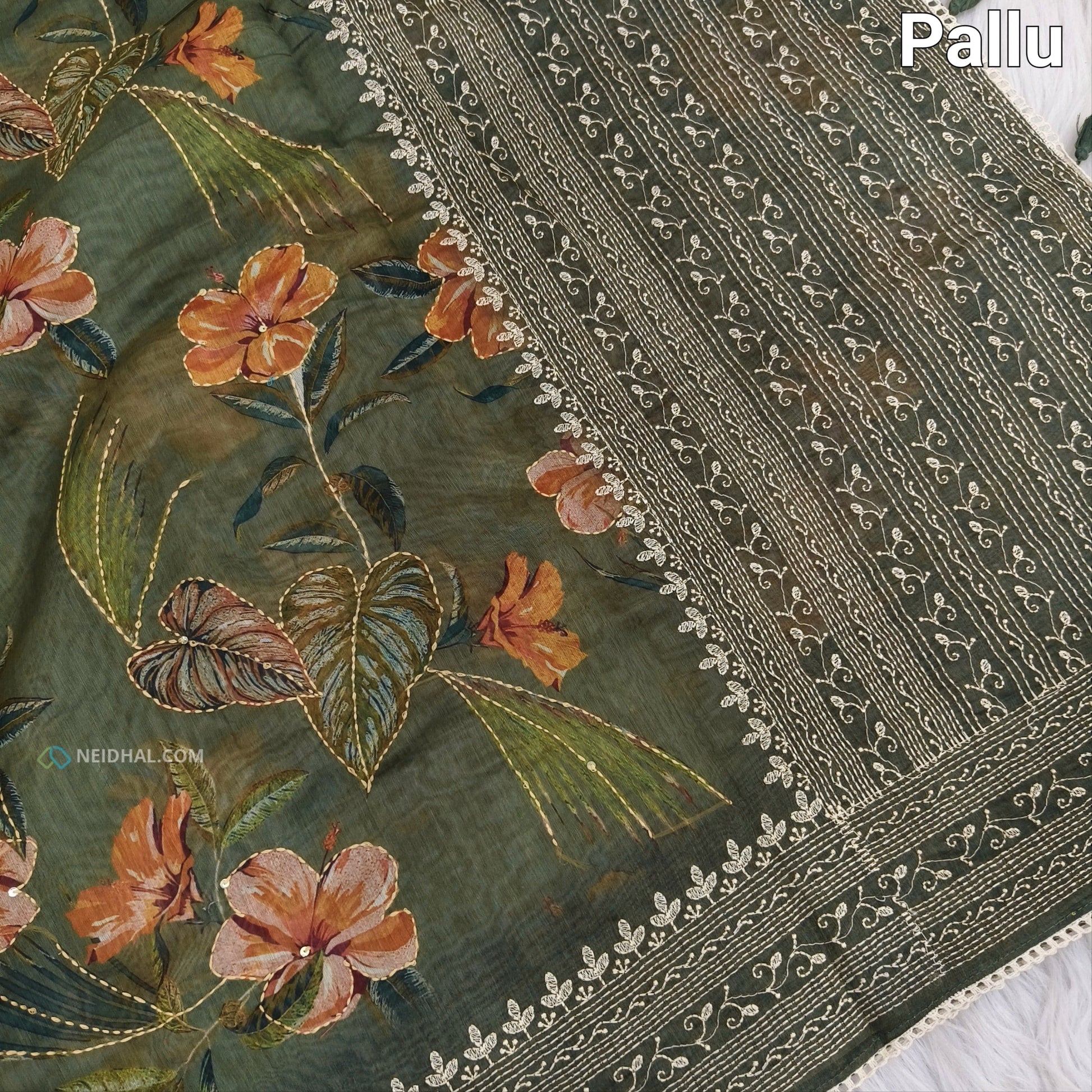 Sage green designer digital printed soft silk cotton saree ns53-Neidhal