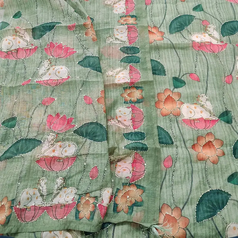 green digital printed hand embroidered silk cotton unstitched salwar material