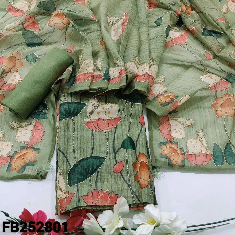 CODE FB252801: Sage green digital printed silk cotton unstitched salwar material hand embroidered on front(thin fabric