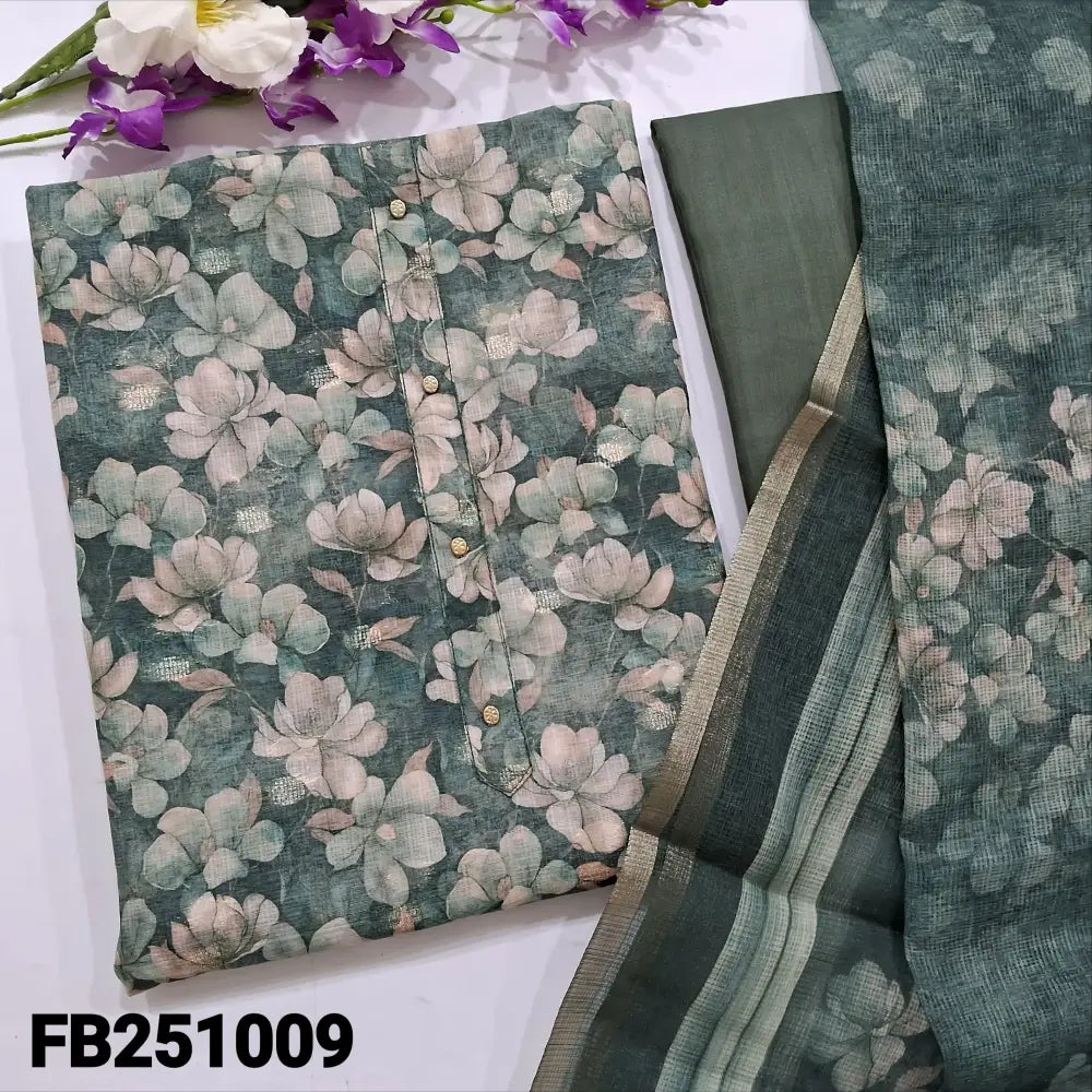 CODE FB251009: Dark sage green floral printed fancy kota silk cotton unstitched salwar material fancy buttons on yoke