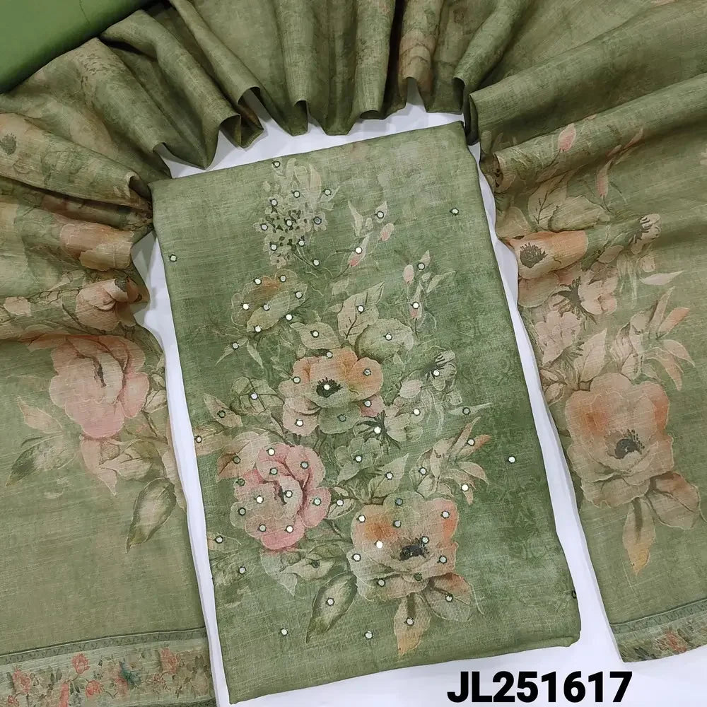 Sage green floral printed semi linen salwar material jl251617 Neidhal