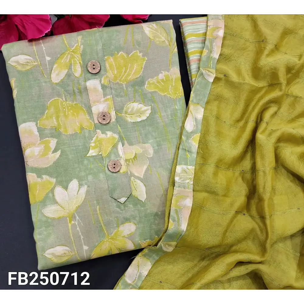 CODE FB250712: Sage green slub cotton unstitched salwar material wooden buttons on yoke(lining needed)vertical striped