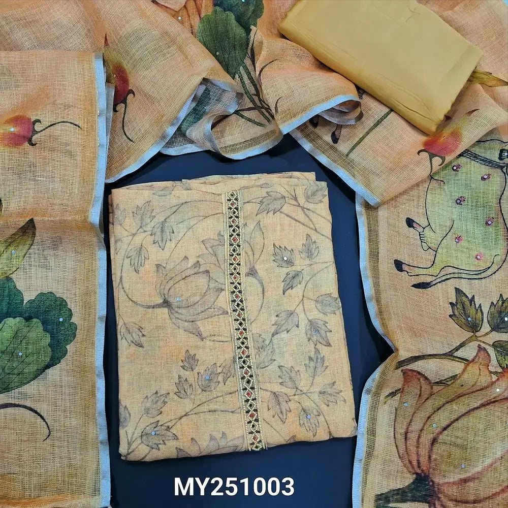 Sandal yellow printed linen salwar material my251003-Neidhal