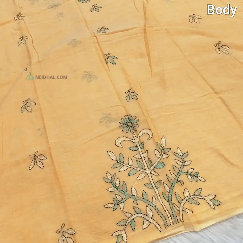 CODE NS17: Sandal yellow pure soft mul cotton saree(soft& light weight very thin) heavy hand embroidered all over rich