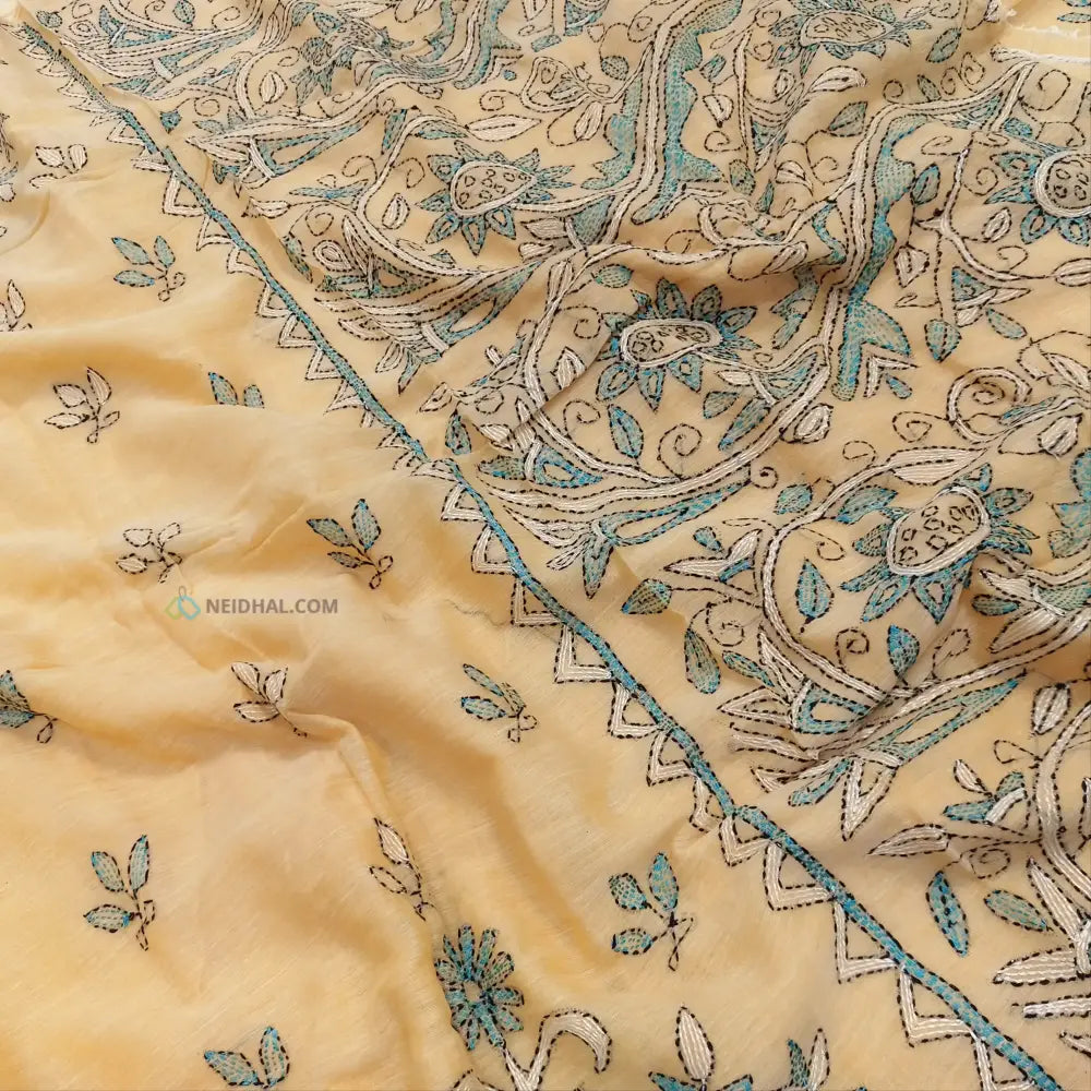 CODE NS17: Sandal yellow pure soft mul cotton saree(soft& light weight very thin) heavy hand embroidered all over rich