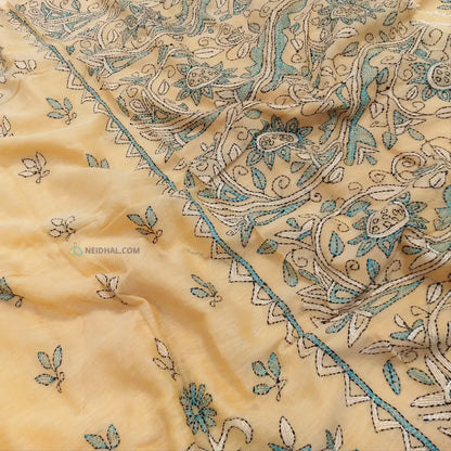 CODE NS17: Sandal yellow pure soft mul cotton saree(soft& light weight very thin) heavy hand embroidered all over rich