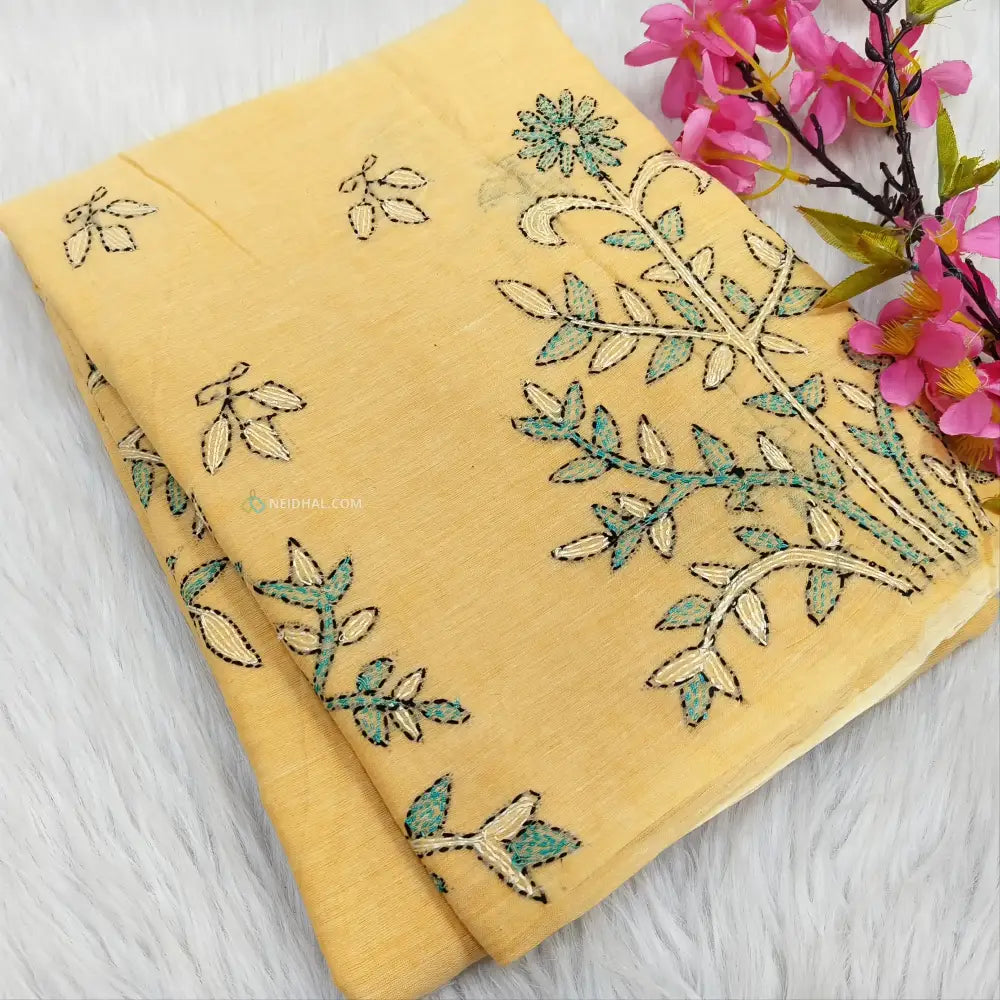 CODE NS17: Sandal yellow pure soft mul cotton saree(soft& light weight very thin) heavy hand embroidered all over rich