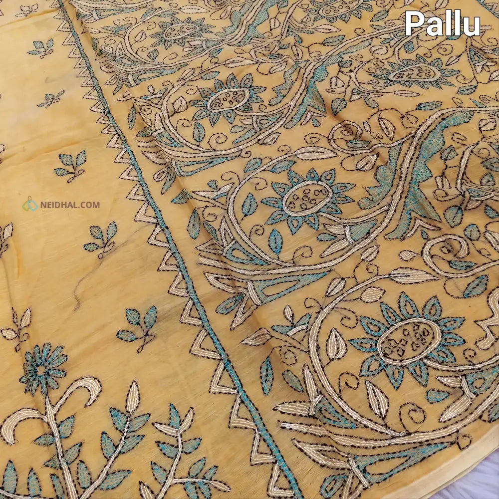 CODE NS17: Sandal yellow pure soft mul cotton saree(soft& light weight very thin) heavy hand embroidered all over rich