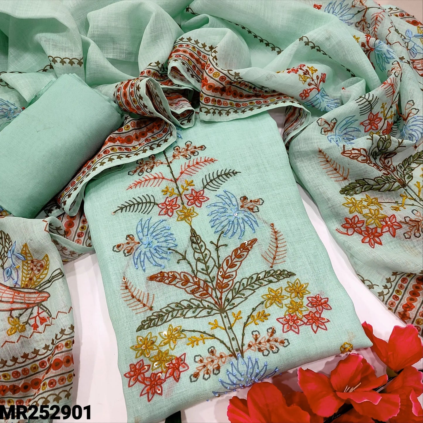 Sea green linen salwar material mr252901-Neidhal