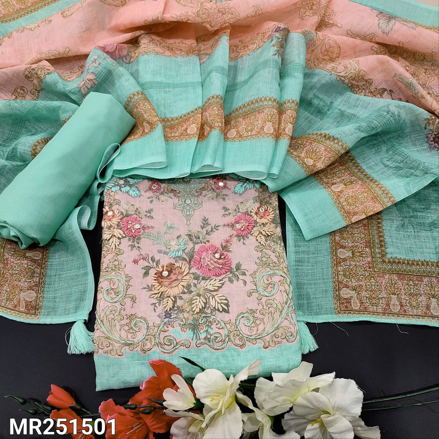 Sea green semi linen salwar material mr251501-Neidhal