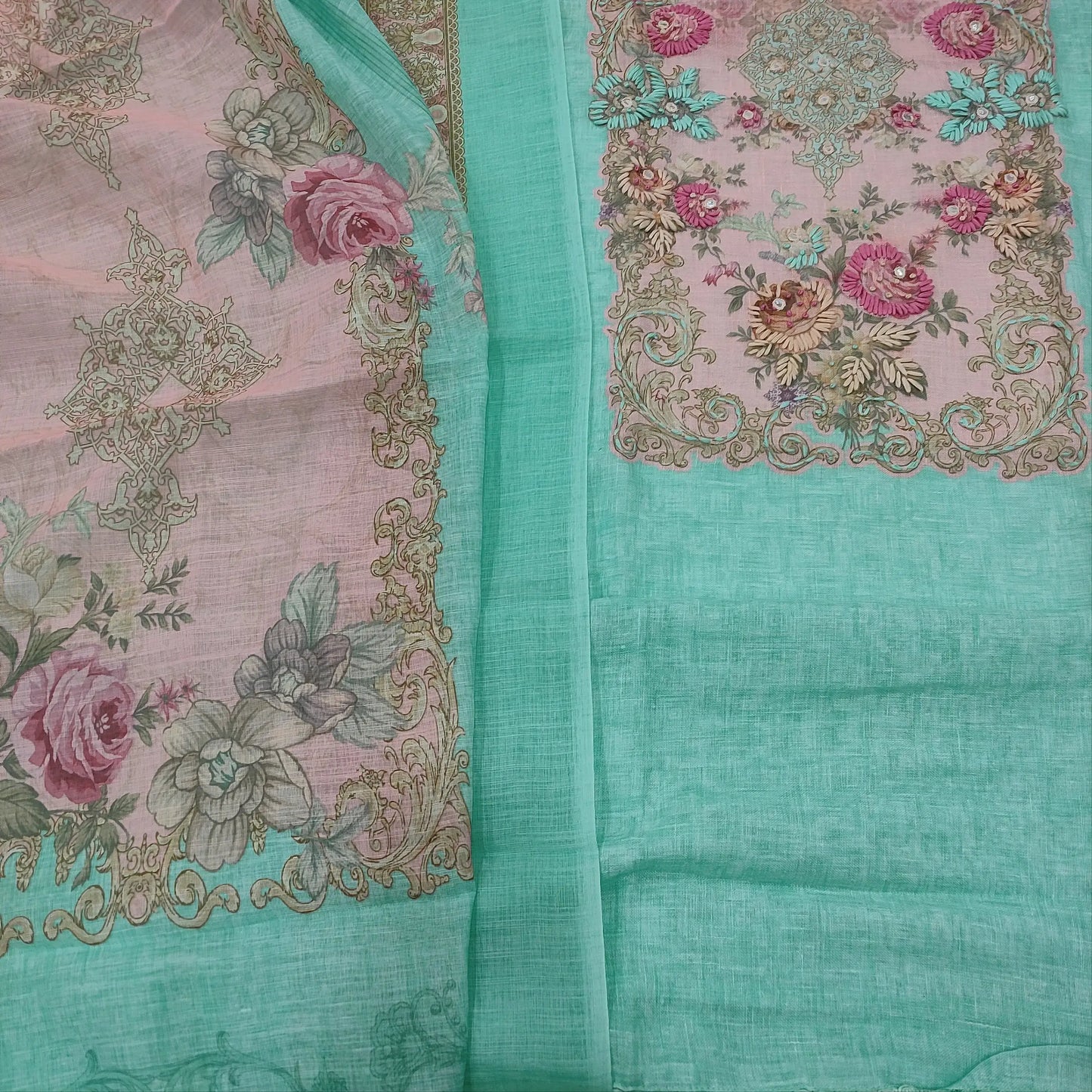 Sea green semi linen salwar material mr251501-Neidhal