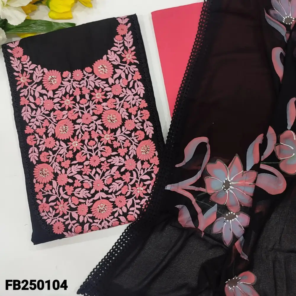 CODE FB250104: Black self embroidered pure jakard cotton unstitched salwar material embroidered on yoke(lining