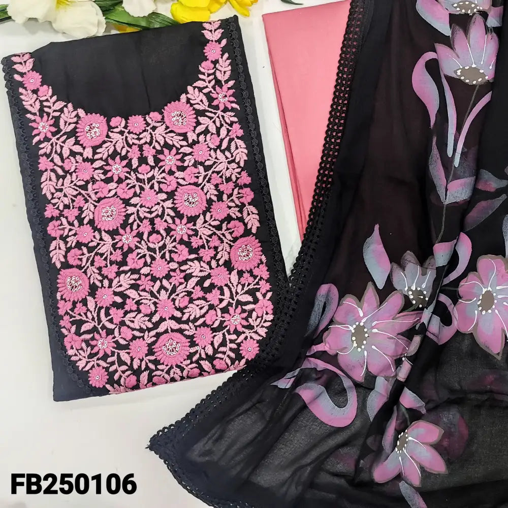 CODE FB250106: Black self embroidered pure jakard cotton unstitched salwar material embroidered on yoke(lining