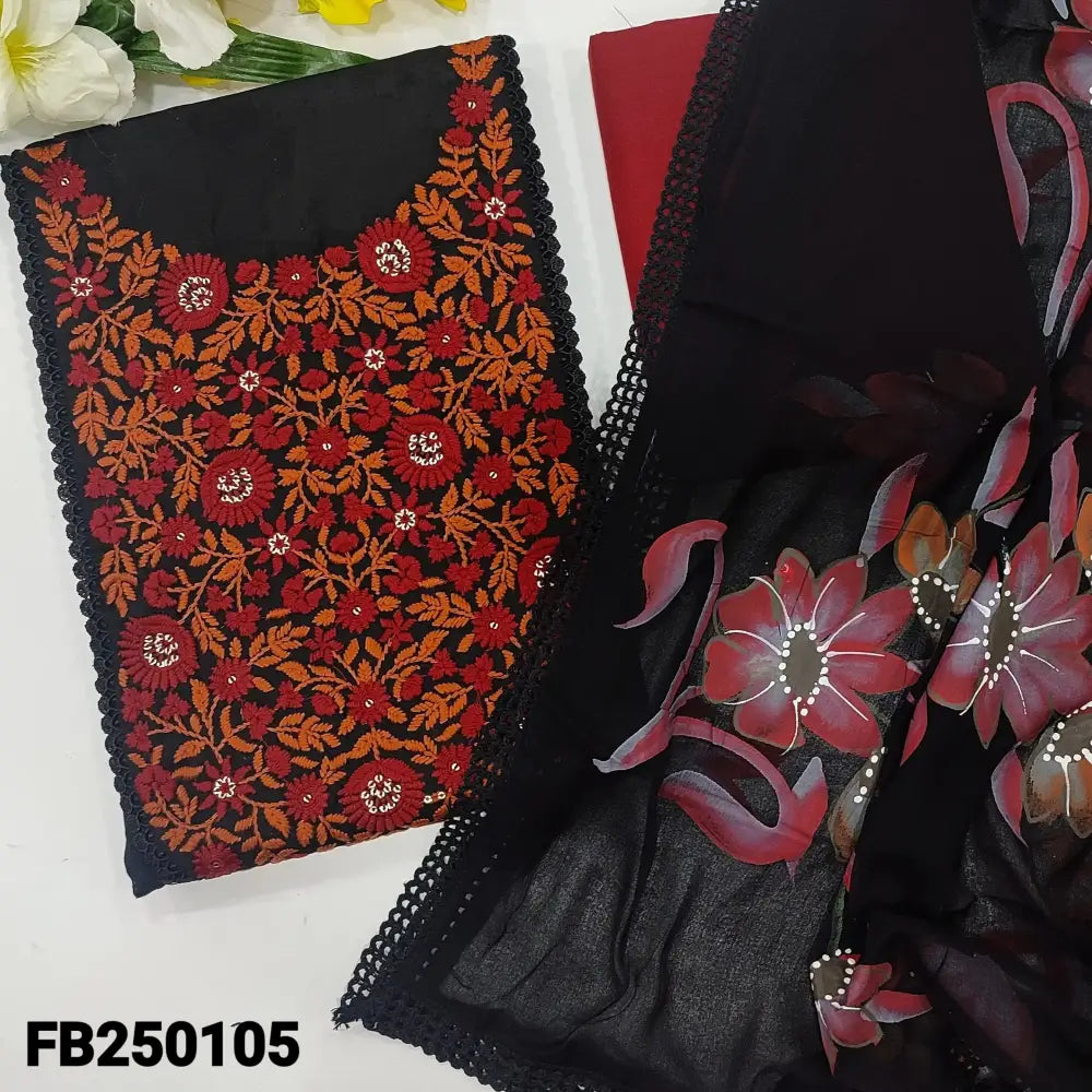 CODE FB250105: Black self embroidered pure jakard cotton unstitched salwar material embroidered on yoke(lining