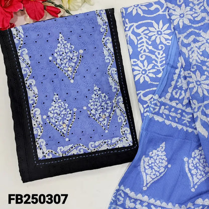 CODE FB250307: Black schiffli embroidered pure cotton unstitched salwar material(lining needed)powder blue batik dyed