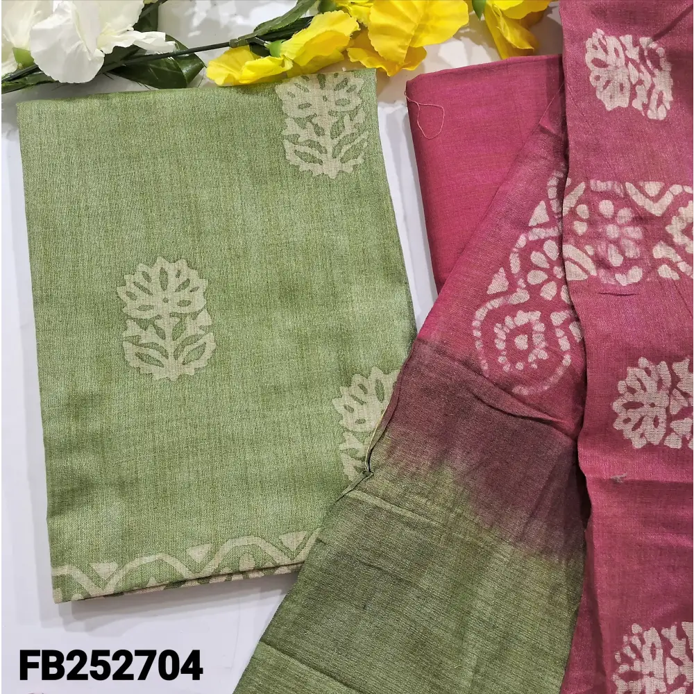 CODE FB252704: Green batik dyed bagalpuri jute silk cotton unstitched salwar material(lining needed)pink bagalpuri jute
