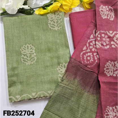 CODE FB252704: Green batik dyed bagalpuri jute silk cotton unstitched salwar material(lining needed)pink bagalpuri jute