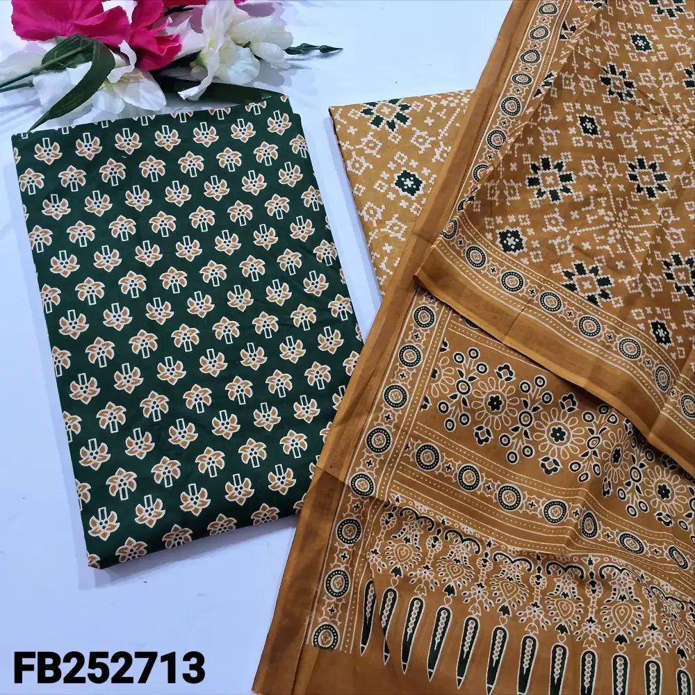 CODE FB252713: Dark green printed soft cotton unstitched salwar material(lining optional)mehandhi yellow patola printed