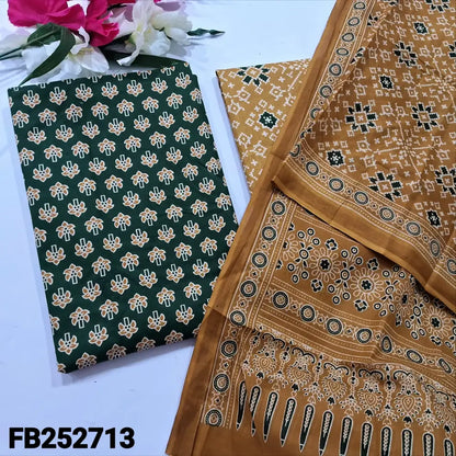 CODE FB252713: Dark green printed soft cotton unstitched salwar material(lining optional)mehandhi yellow patola printed