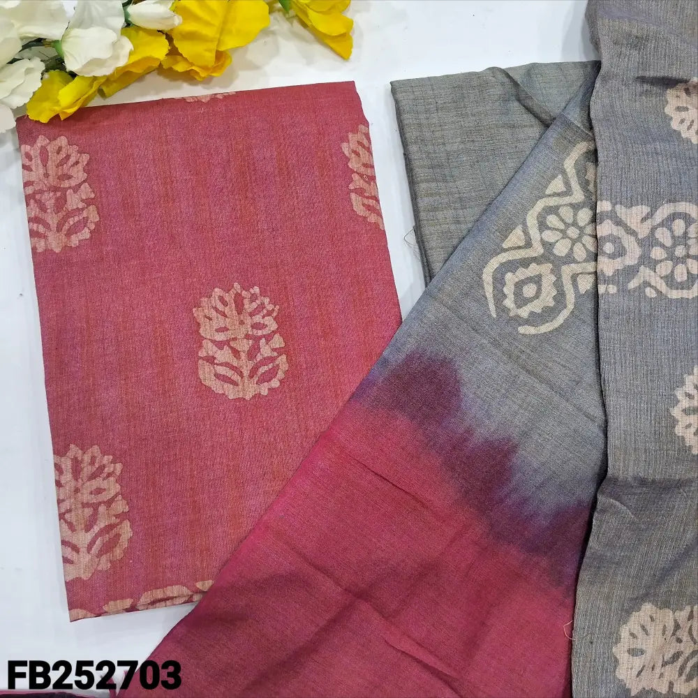 CODE FB252703: Pink batik dyed bagalpuri jute silk cotton unstitched salwar material(lining needed)grey bagalpuri jute